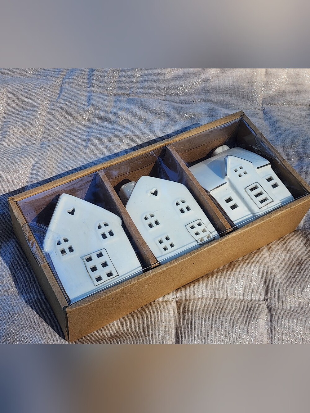 White Ceramic House Tea Light Holders - Set of 3